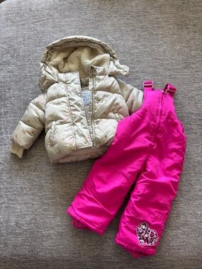 Disney Cream Puffer Jacket with Bright Pink Snow Bib Pants